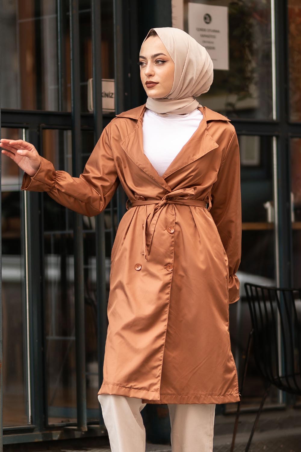 Women long sleeve camel coat - luxury trench coat