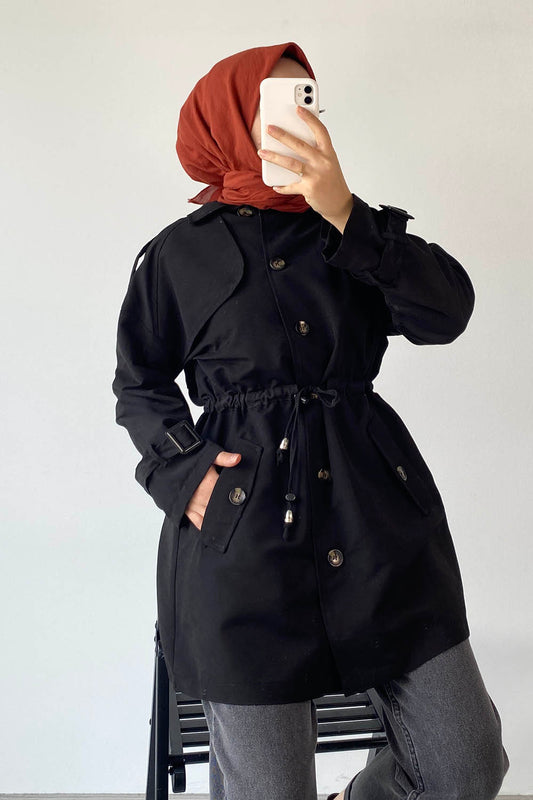 Double breasted short trench coat with belt by Salma's Apparel