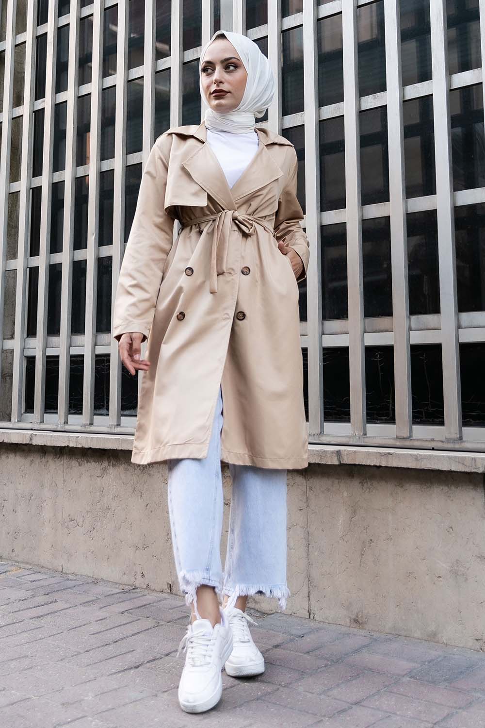 Long Belted Camel Trench Coat For Women by Salma's Apparel